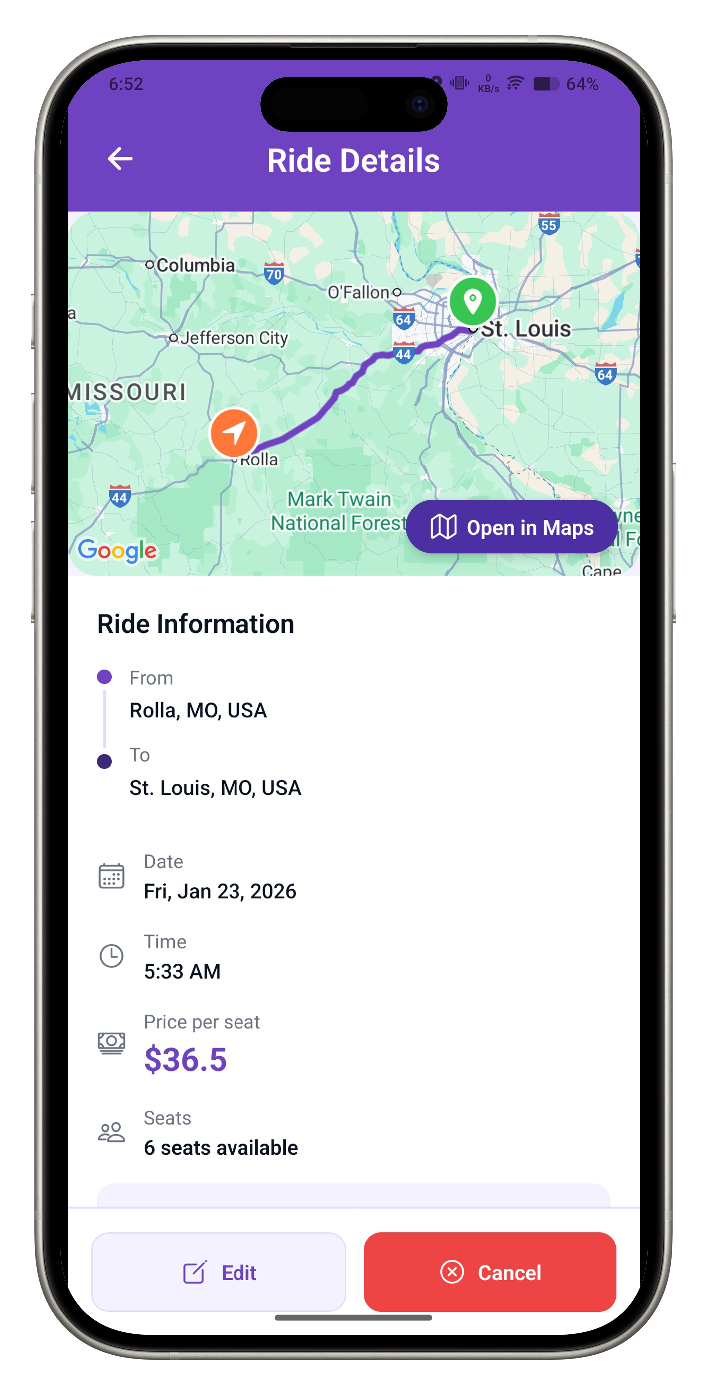 Ride provider dashboard showing posted rides and earnings
