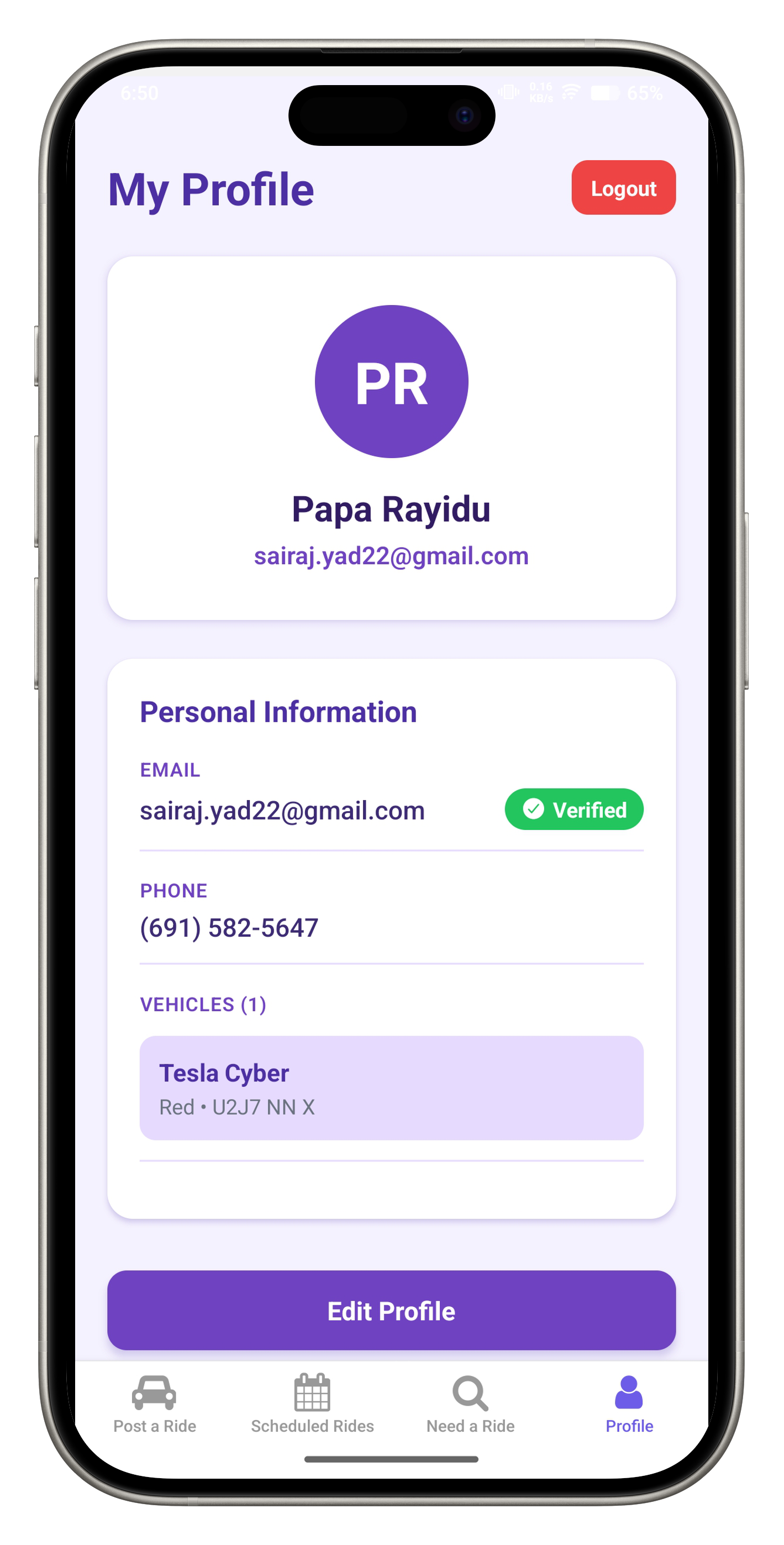User profile showing ratings and ride history
