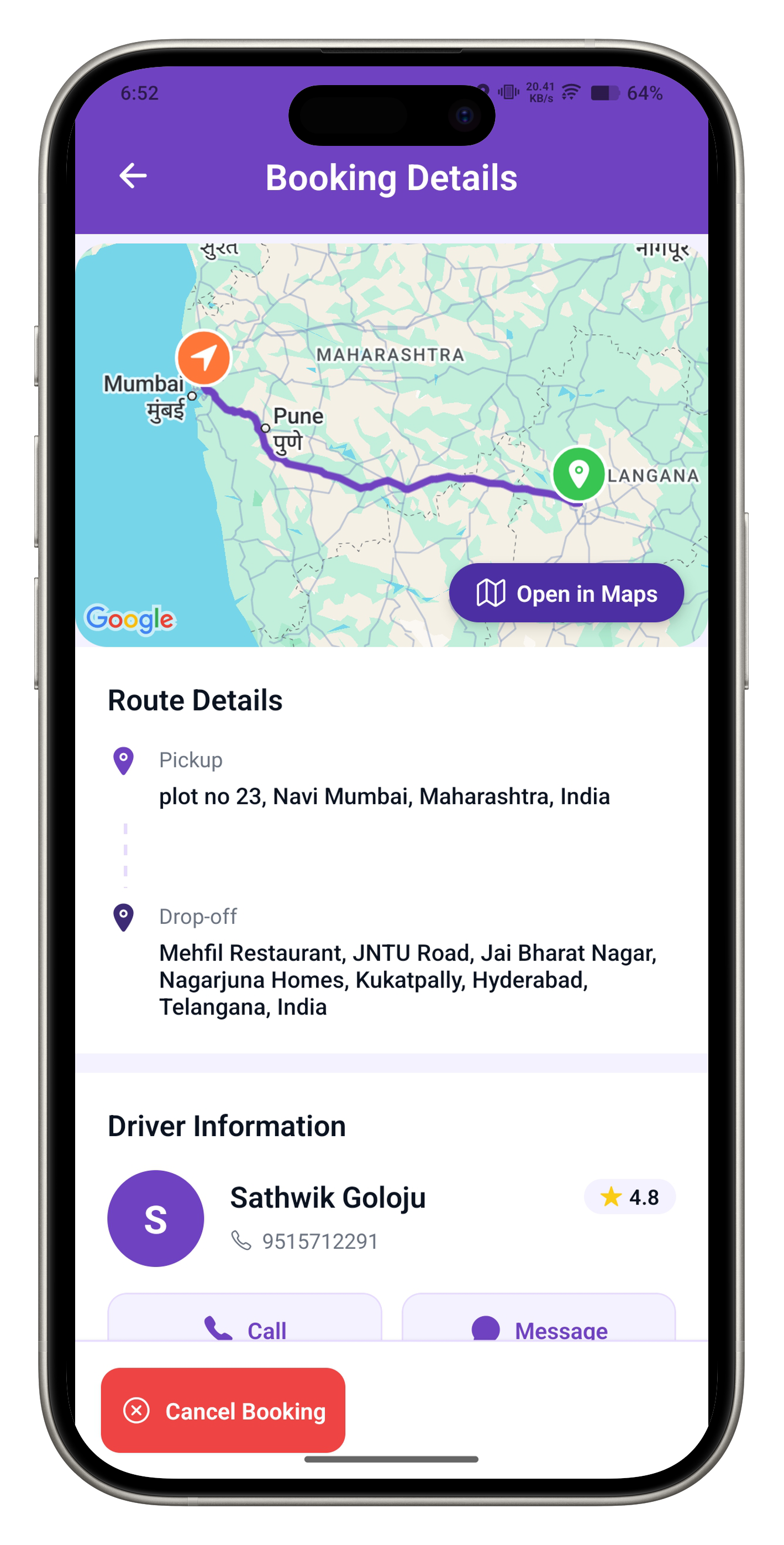 Ride details with ride provider info, route and pricing