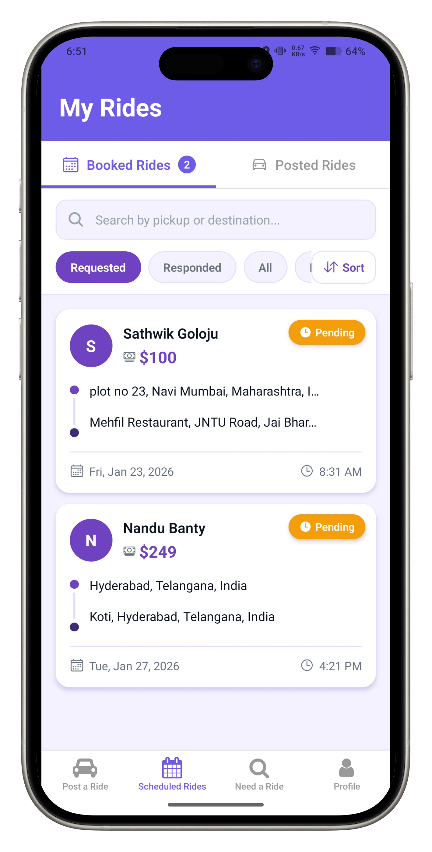 ZygoRIde scheduled rides screen